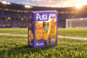 Fotografia publicitária da embalagem azul de biscoitos temáticos Futi, posicionada em pé sobre o gramado verde de um campo de futebol. A embalagem apresenta ilustrações de jogadores, uma bola, cards colecionáveis e informações sobre o produto. Ao fundo, o campo aparece desfocado, criando uma atmosfera esportiva e destacando o produto em primeiro plano.